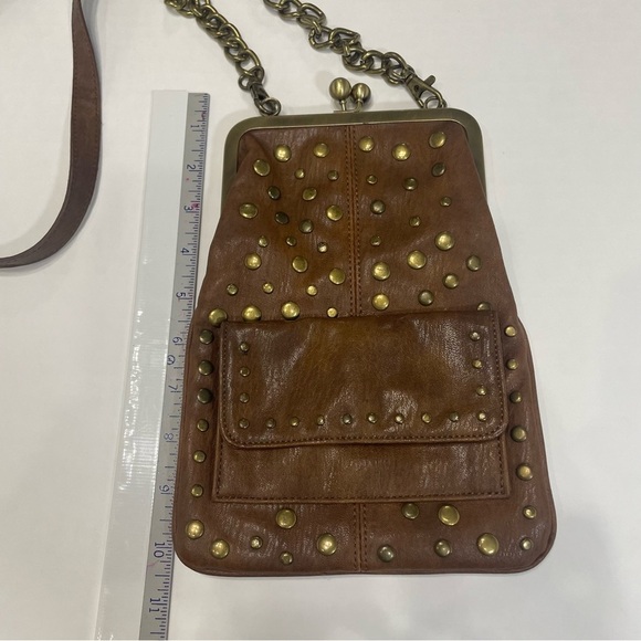 Jessica Simpson Brown Studded Leather Messenger crossbody Bag. Lining picture - Picture 10 of 11